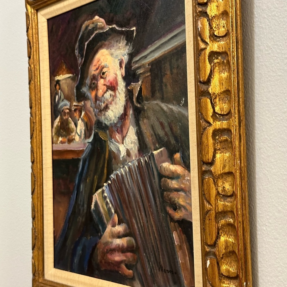 Vintage 3th quarter 20th century org painting elderly busker playing squeeze box - Picture 8 of 14